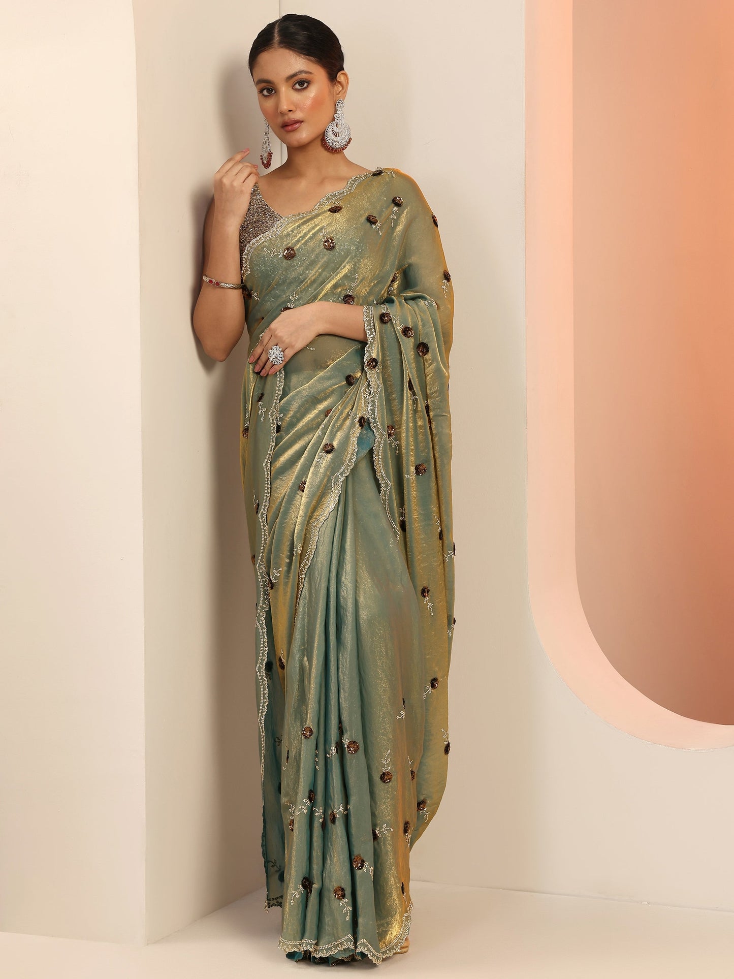 Blue Embellishments Satin Saree With Unstitched Blouse Piece