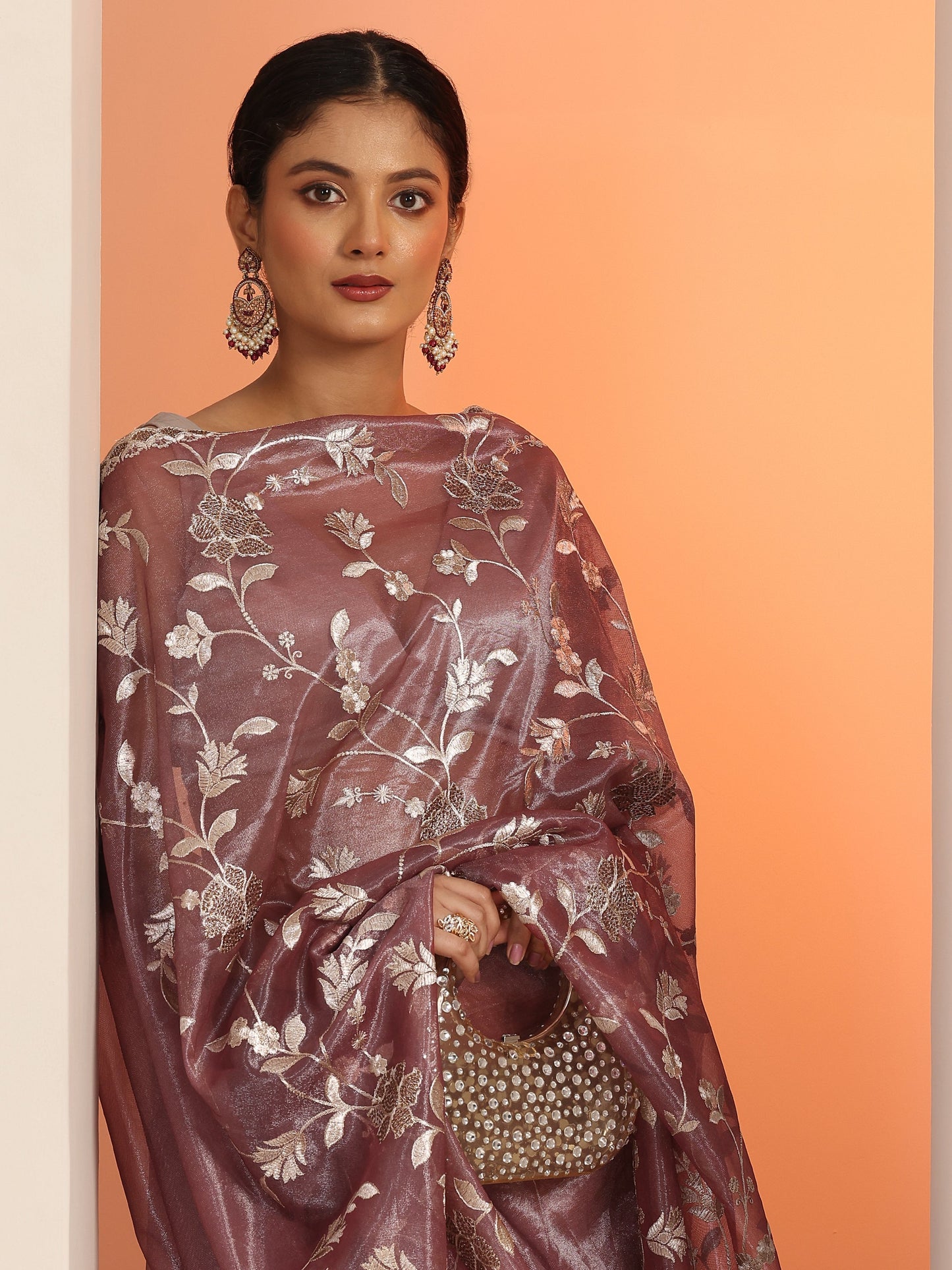 Mauve Embroidered Nylon Saree With Unstitched Blouse Piece