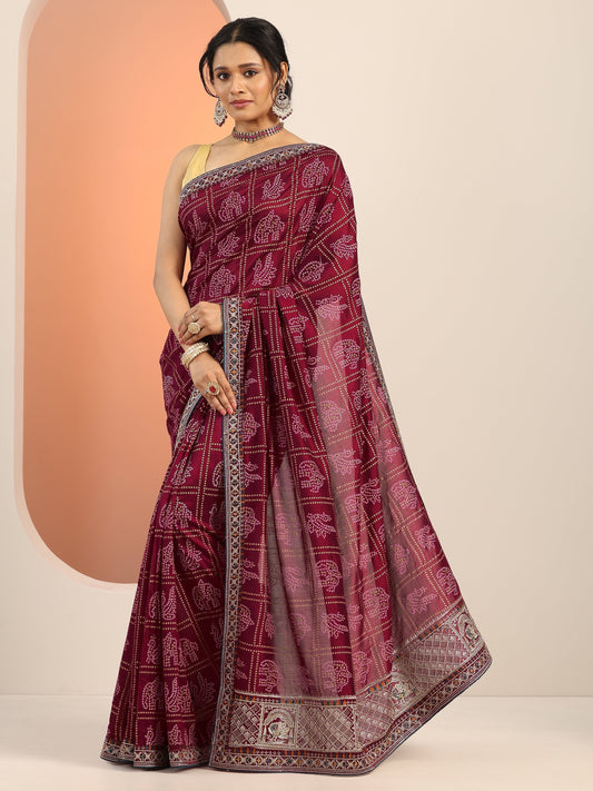 Maroon Printed Silk blend Saree With Unstitched Blouse Piece