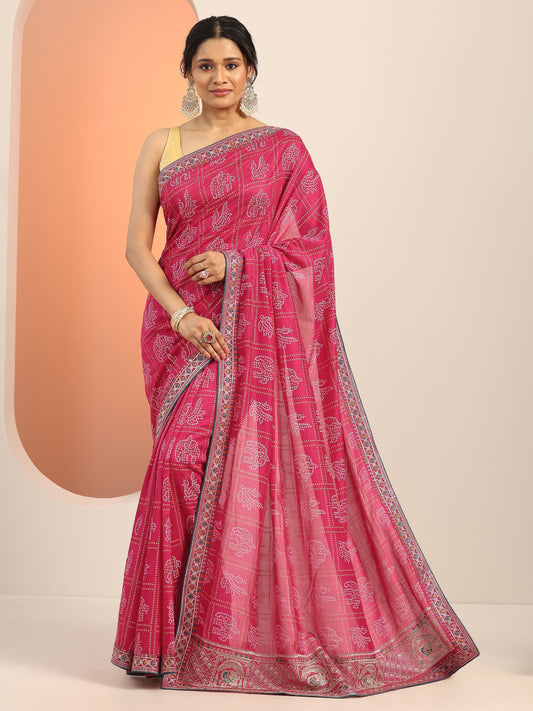 Magenta Printed Silk Blend Saree With Unstitched Blouse Piece