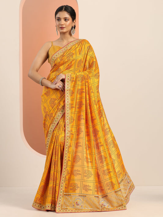 Mustard Printed Silk blend Saree With Unstitched Blouse Piece