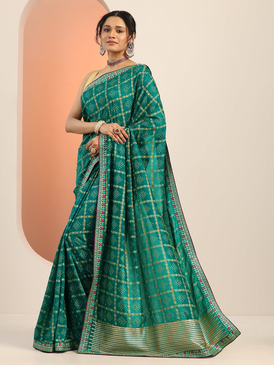 Teal Printed Silk blend Saree With Unstitched Blouse Piece