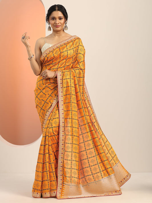 Mustard Printed Silk blend Saree With Unstitched Blouse Piece
