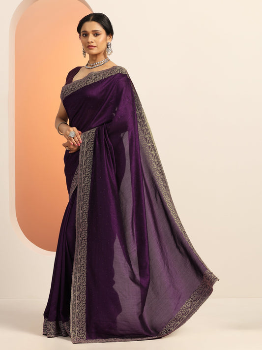 Burgundy Embellished Silk blend Saree With Unstitched Blouse Piece