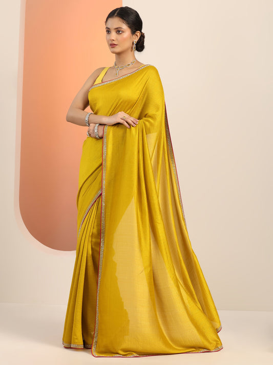 Mustard Solid Silk blend Saree With Unstitched Blouse Piece