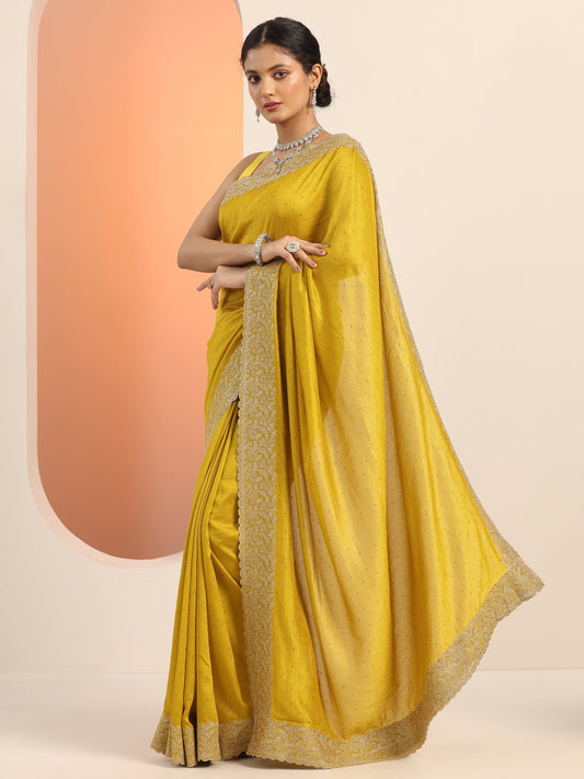 Yellow Embellished Silk blend Saree With Unstitched Blouse Piece