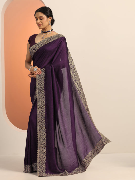 Burgundy Embellished Silk blend Saree With Unstitched Blouse Piece