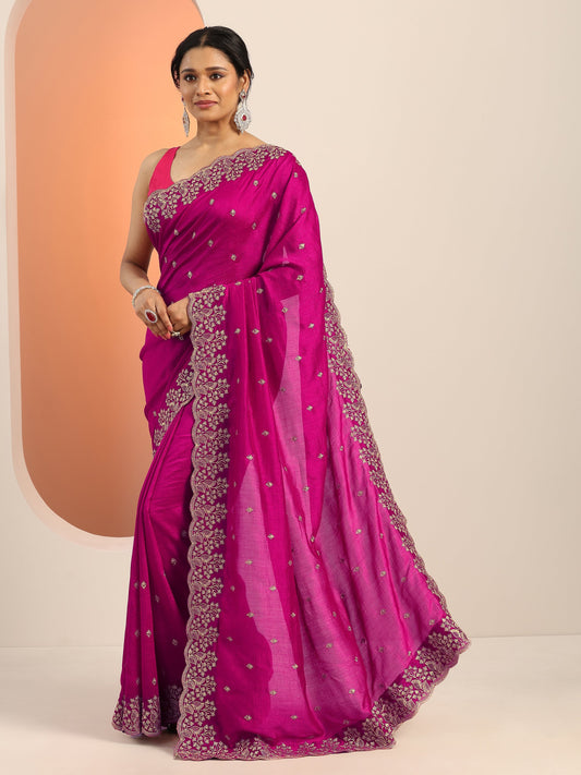 Pink Embroidered Silk blend Saree With Unstitched Blouse Piece
