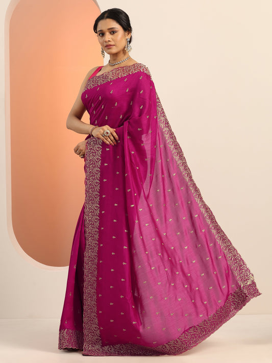 Magenta Embroidered Silk blend Saree With Unstitched Blouse Piece