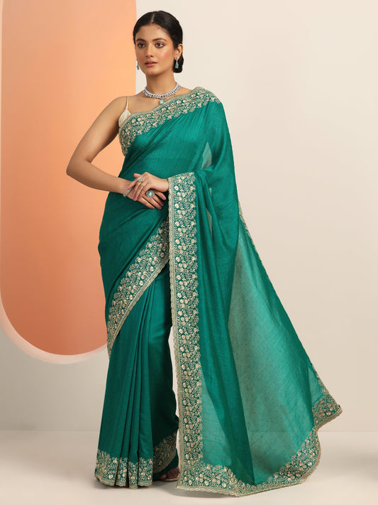 Green Embellished Silk blend Saree With Unstitched Blouse Piece
