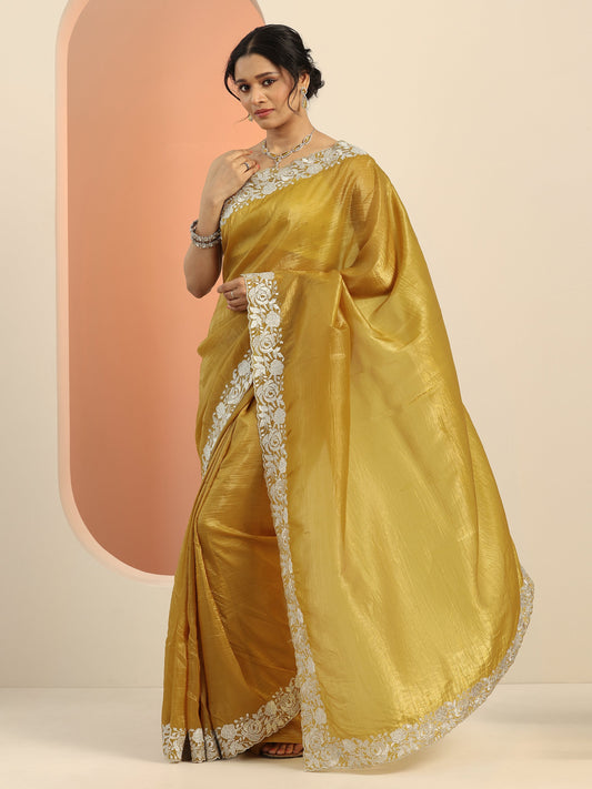 Mustard Embroidered Silk blend Saree With Unstitched Blouse Piece