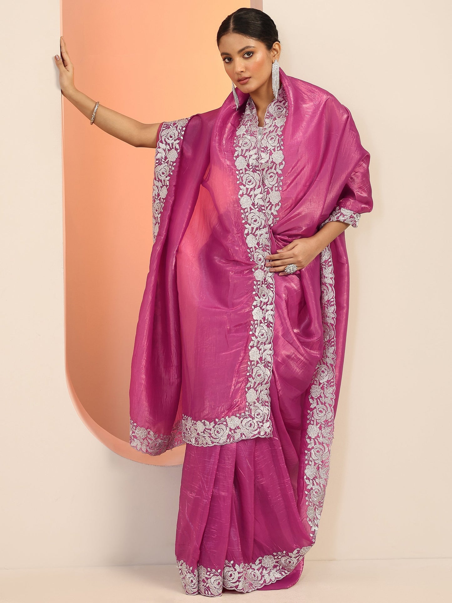 Pink Solid Jimmy Choo Organza Saree With Unstitched Blouse Piece
