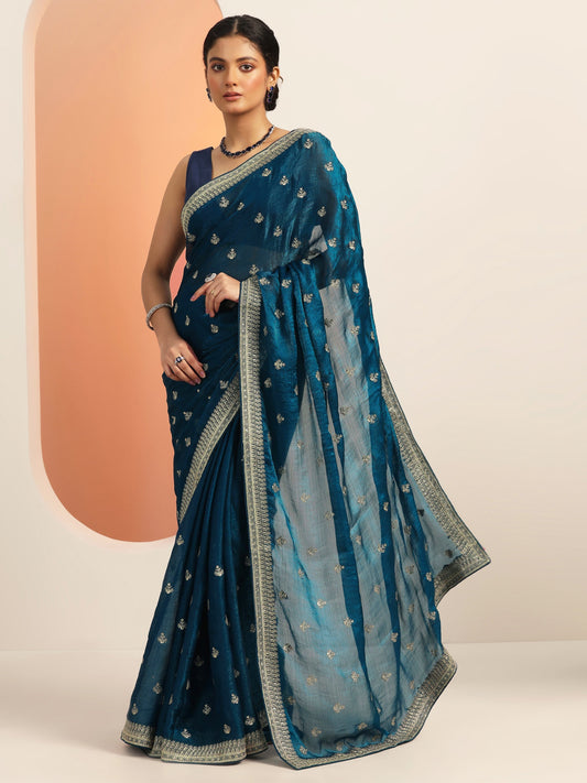 Teal Embroidered Chiffon Saree With Unstitched Blouse Piece