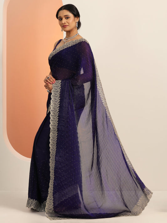 Navy blue Embellished Chiffon Saree With Unstitched Blouse Piece