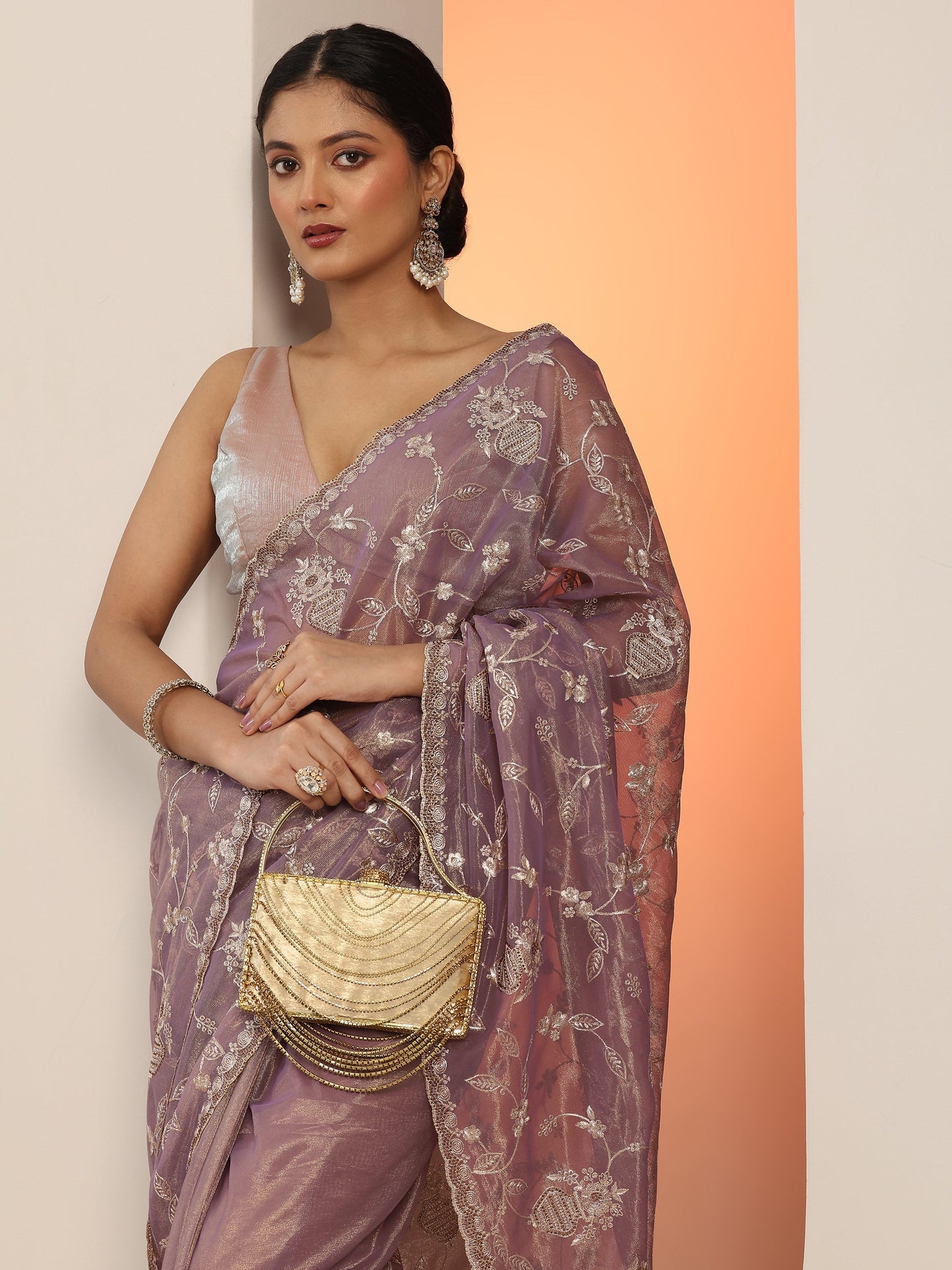 Mauve Embroidered Nylon Saree With Unstitched Blouse Piece