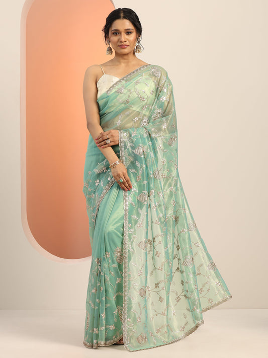 Green Embroidered Nylon Saree With Unstitched Blouse Piece