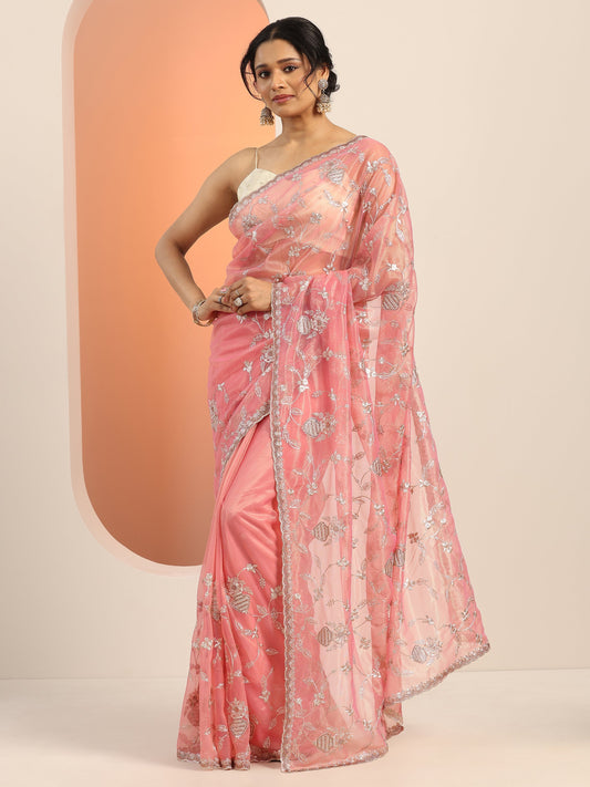 Pink Embroidered Nylon Saree With Unstitched Blouse Piece