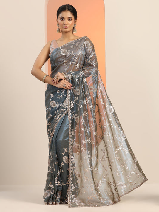 Teal Embroidered Nylon Saree With Unstitched Blouse Piece