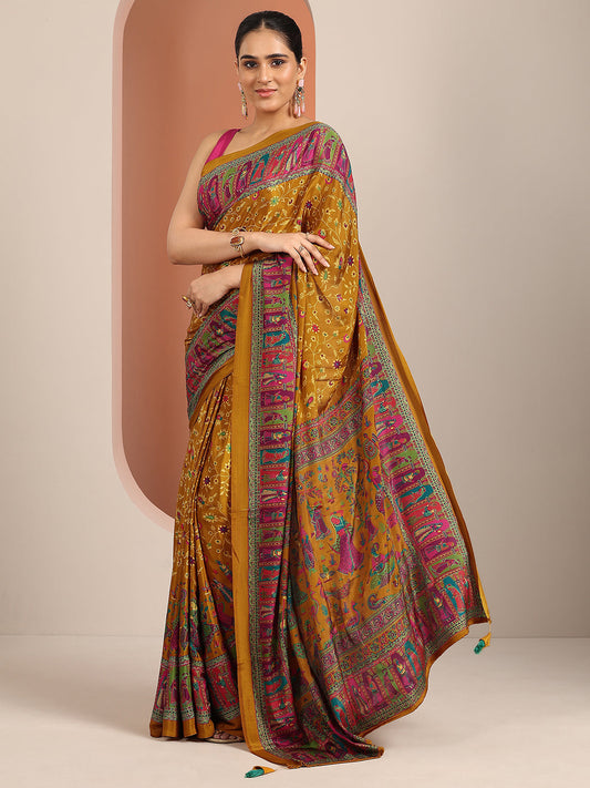 Mustard Printed Crepe Saree With Unstitched Blouse Piece