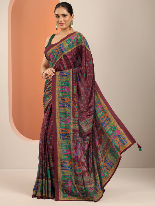 Magenta Printed Crepe Saree With Unstitched Blouse Piece