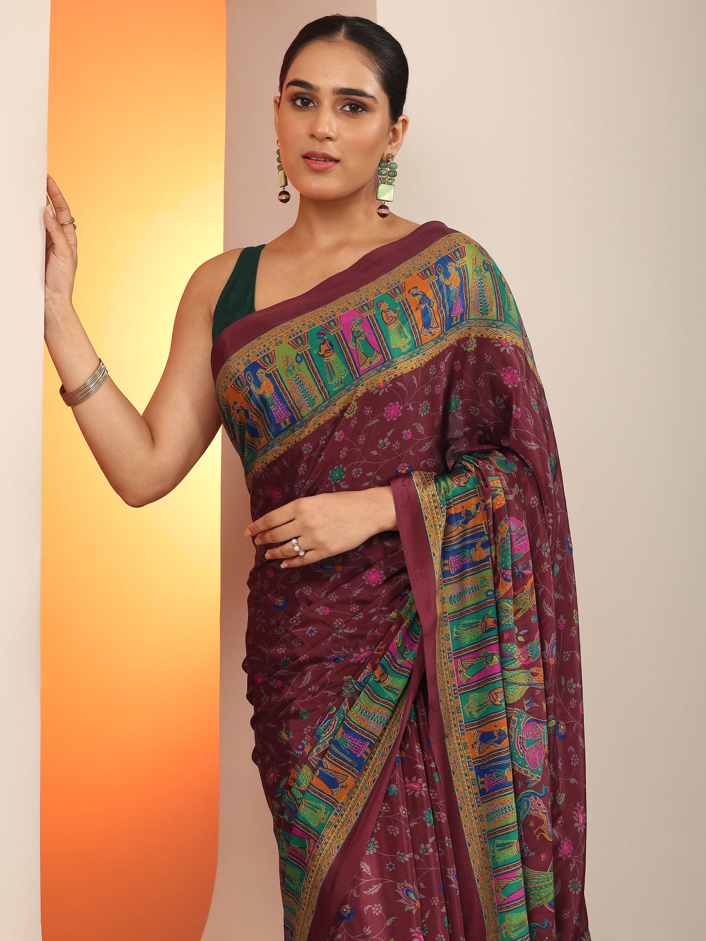 Magenta Printed Crepe Saree With Unstitched Blouse Piece