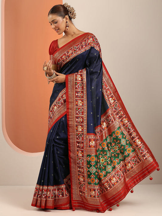Navy Blue Embellished Silk Blend Saree With Unstitched Blouse Piece