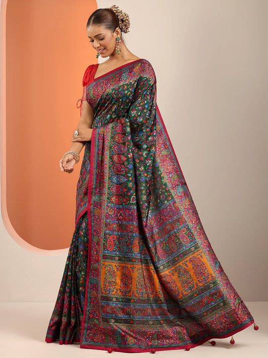 Green Printed Silk Blend Saree With Unstitched Blouse Piece