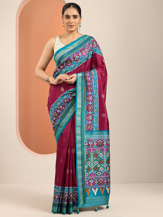 Maroon Embellished Silk Blend Saree With Unstitched Blouse Piece