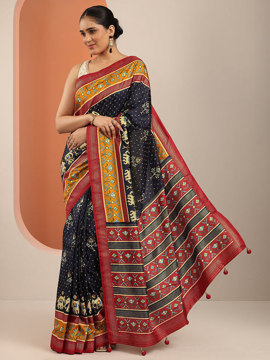 Navy Blue Printed Silk Blend Saree With Unstitched Blouse Piece