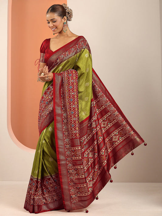 Olive Printed Silk Blend Saree With Unstitched Blouse Piece