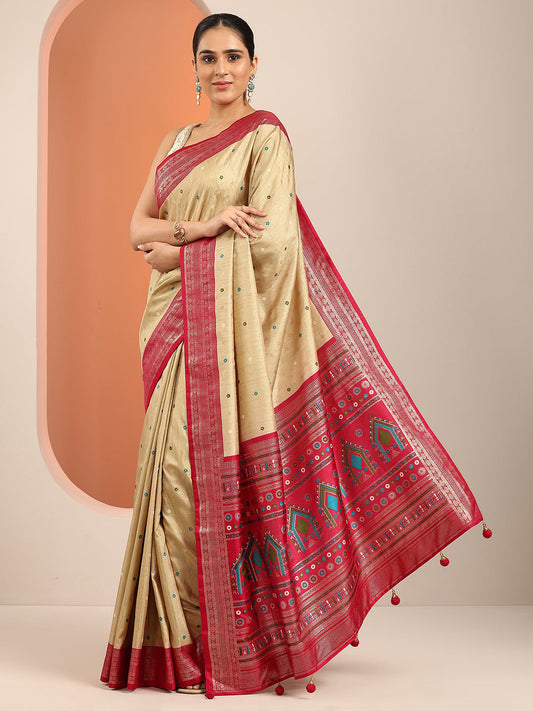 Beige Embellished Silk Blend Saree With Unstitched Blouse Piece