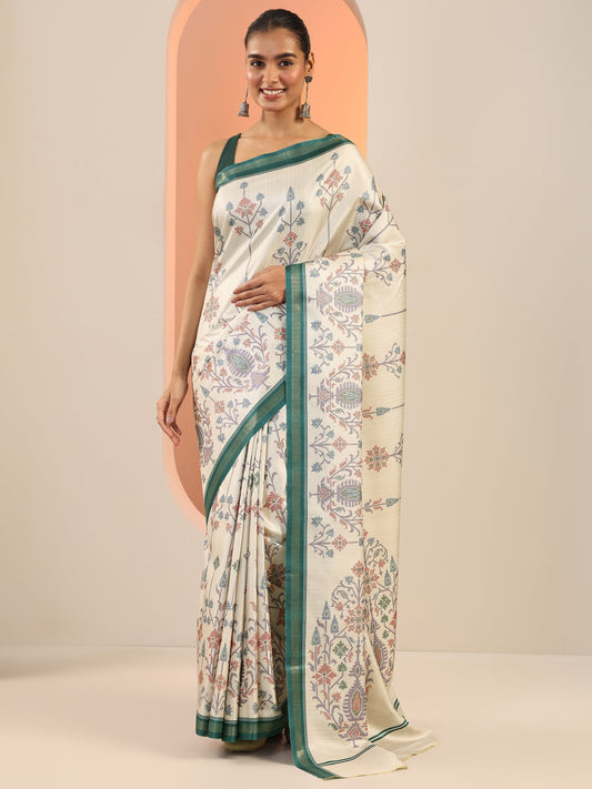 Cream Printed Silk Saree With Unstitched Blouse Piece