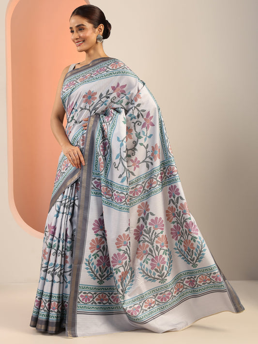 Grey Printed Silk Saree With Unstitched Blouse Piece