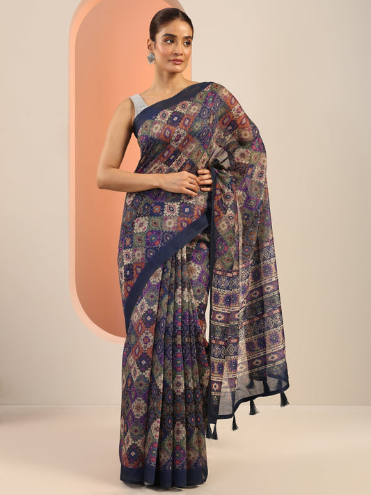 Multi Printed Silk Saree With Unstitched Blouse Piece