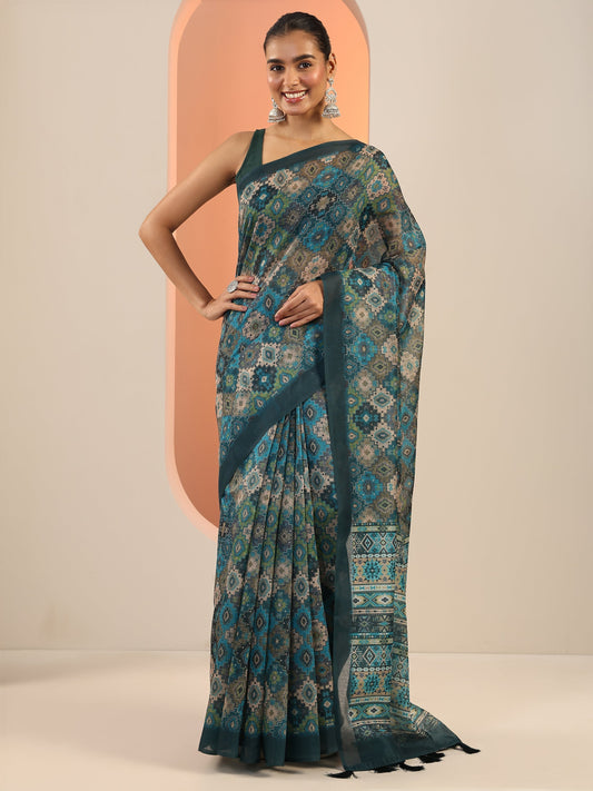 Teal Printed Silk Saree With Unstitched Blouse Piece