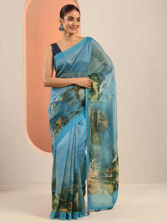 Blue Printed Silk Saree With Unstitched Blouse Piece