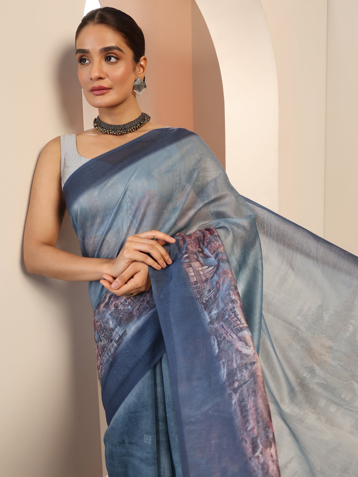 Blue Printed Silk Saree With Unstitched Blouse Piece
