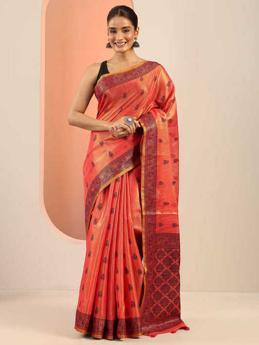 Peach Woven Design Silk Saree With Unstitched Blouse Piece