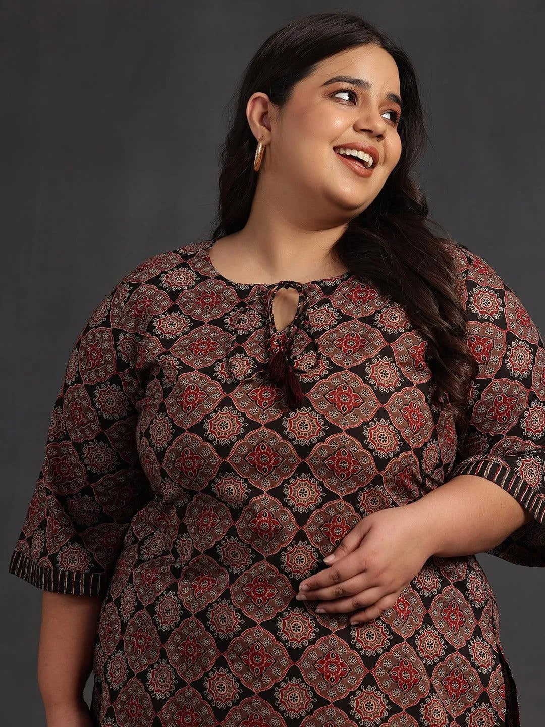Plus Size Black Printed Cotton Straight Kurti
