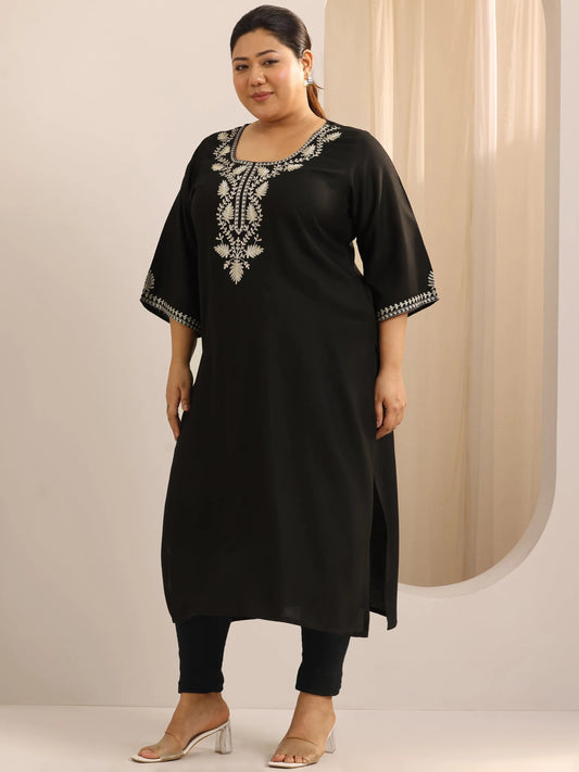 Plus Size Black Printed Rayon Straight Kurta