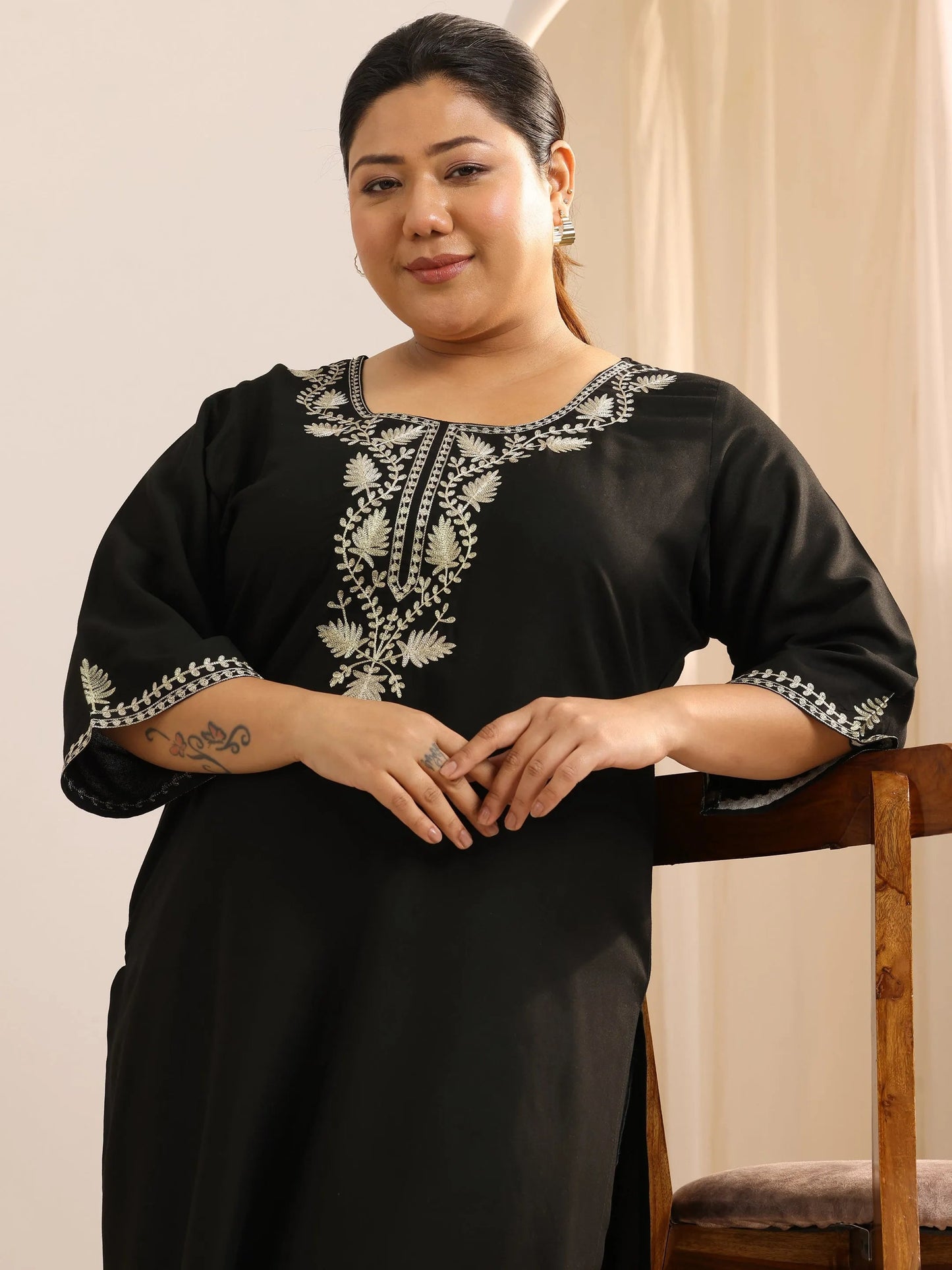 Plus Size Black Printed Rayon Straight Kurta