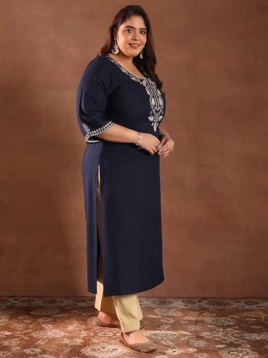 Plus Size Blue Yoke Design Rayon Straight Kurta