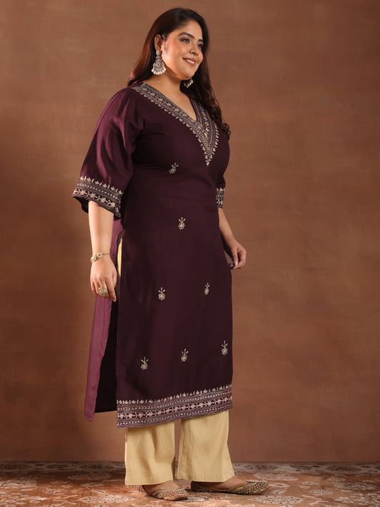 Plus Size Burgundy Printed Rayon Straight Kurta