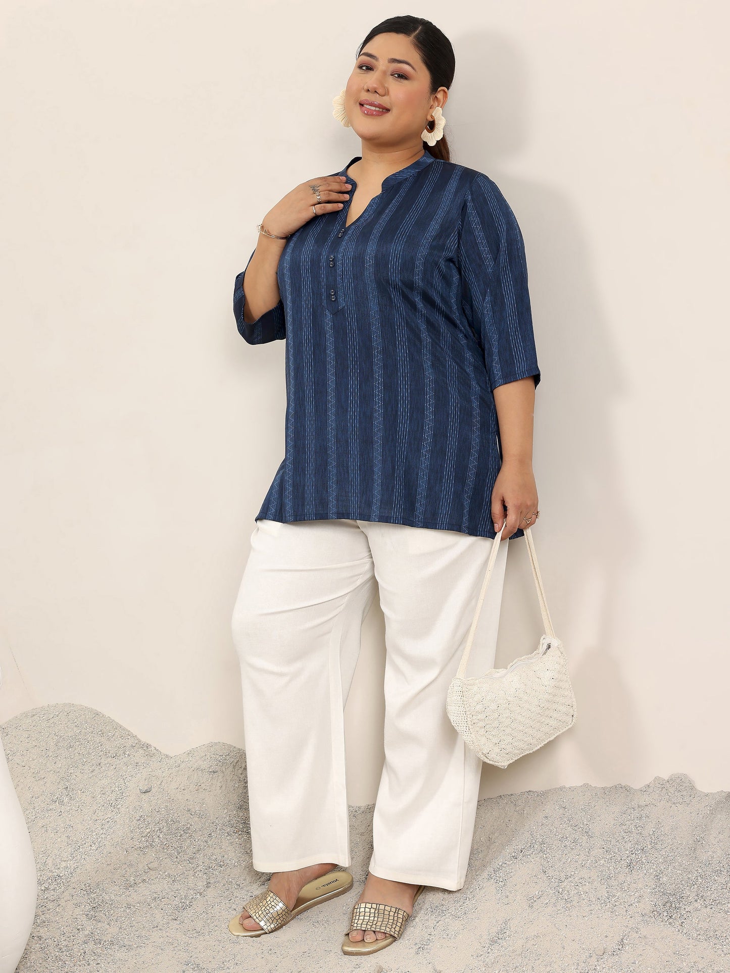 Plus Size Blue Woven Design Cotton Blend Straight Kurti