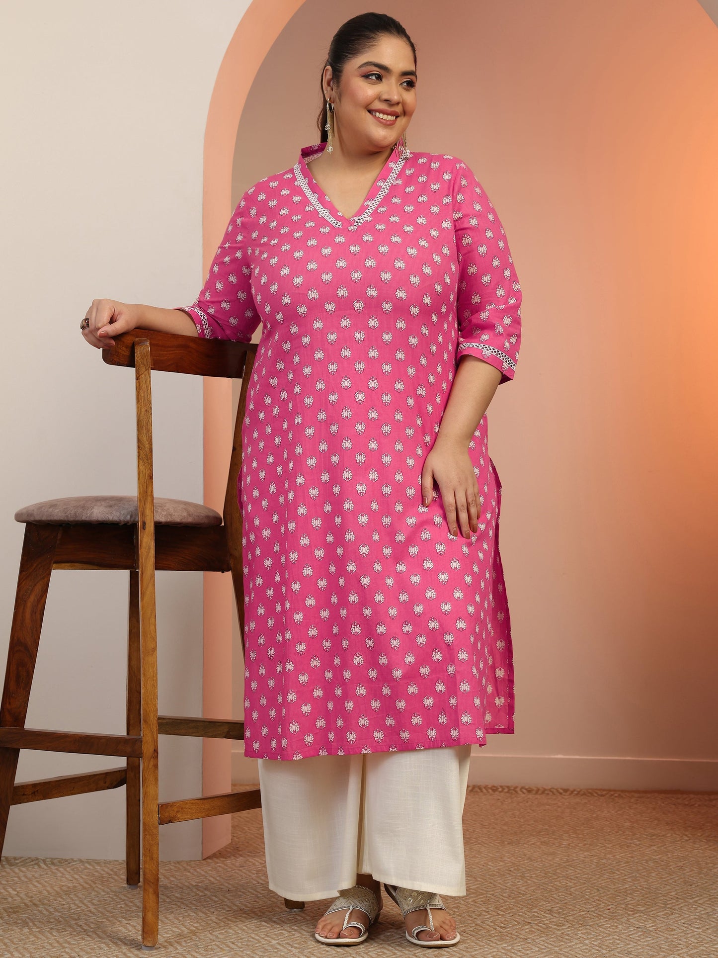 Plus Size Pink Printed Cotton Straight Kurta