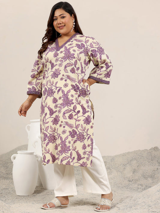 Plus Size Off White Printed Rayon Kurta