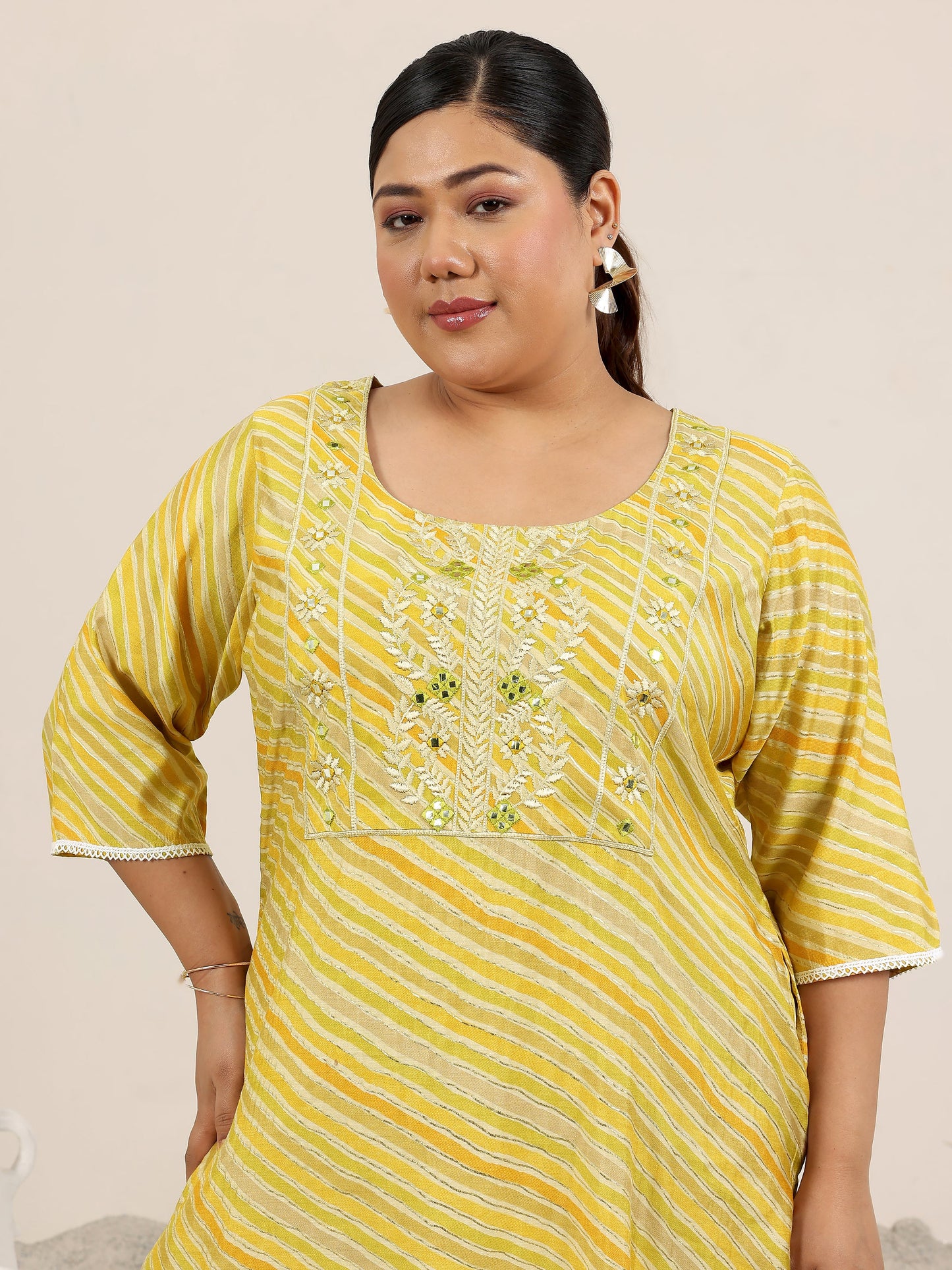 Plus Size Mustard Printed Silk Kurta