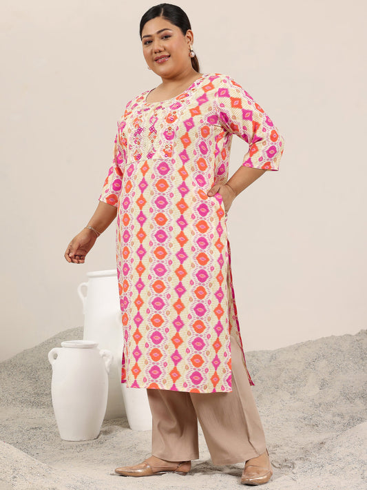 Plus Size Off White Printed Silk Blend Kurta