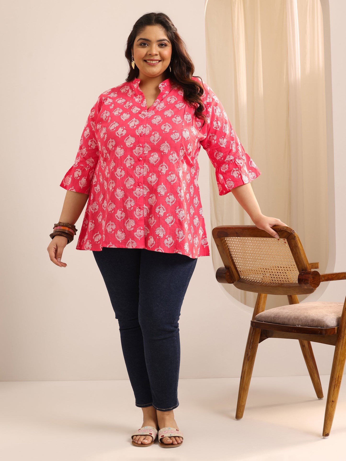 Plus Size Coral Printed Cotton Straight Short Kurti