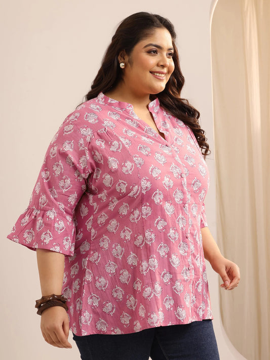 Plus Size Mauve Printed Cotton Straight Short Kurti